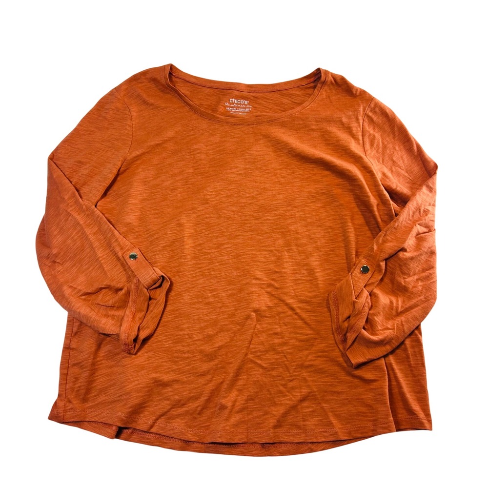 Chicos The Ultimate Tee‎ Burnt Orange Slub Cotton Modal Roll Tab Top XL Size 3
